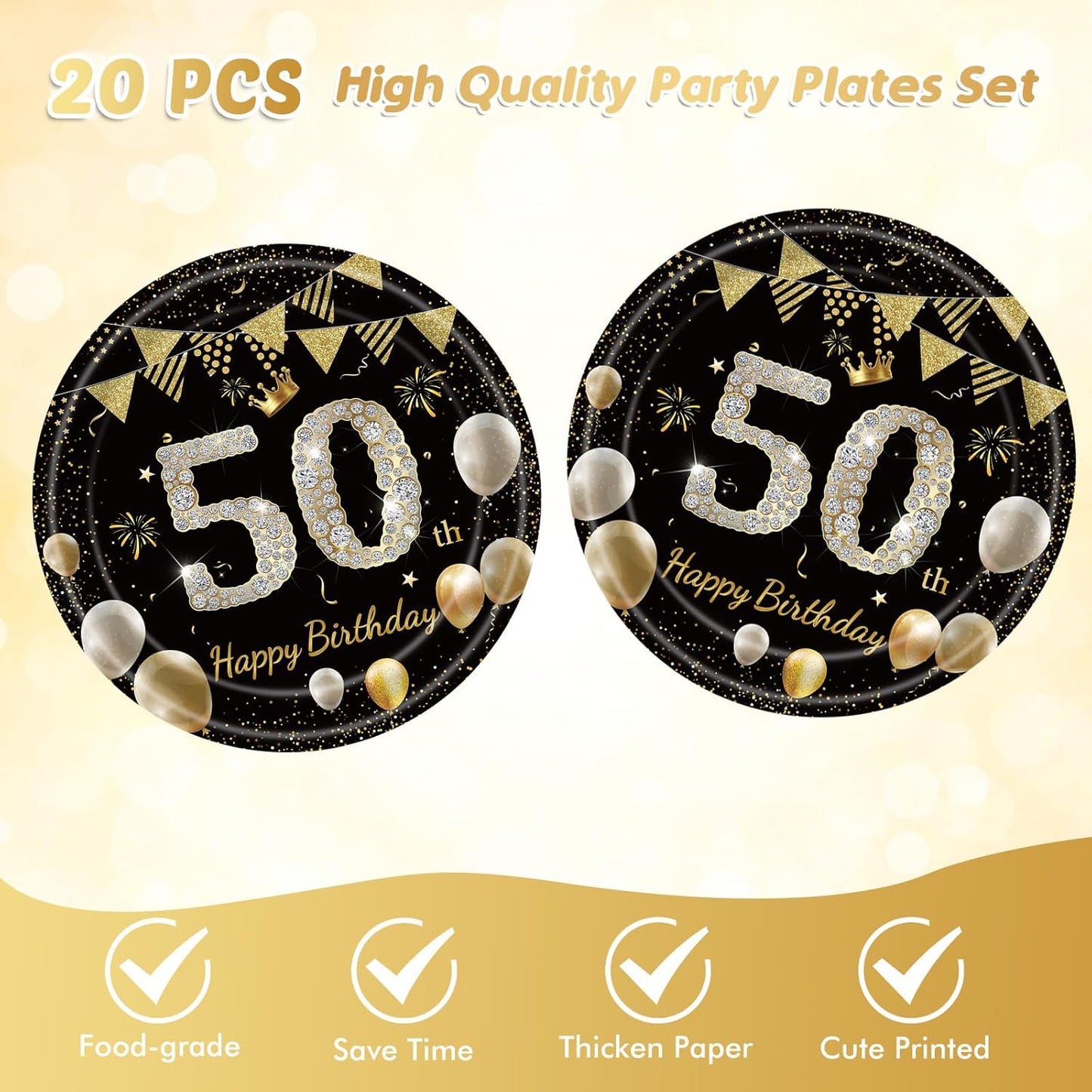 41Pcs 50th Birthday Decorations for Men Women, Black Gold 50 Year Old Birthday Party Supplies Include 20 Plates 20 Napkins and 1 Tablecloth, Black Gold 50 Aged Birth Party Tableware