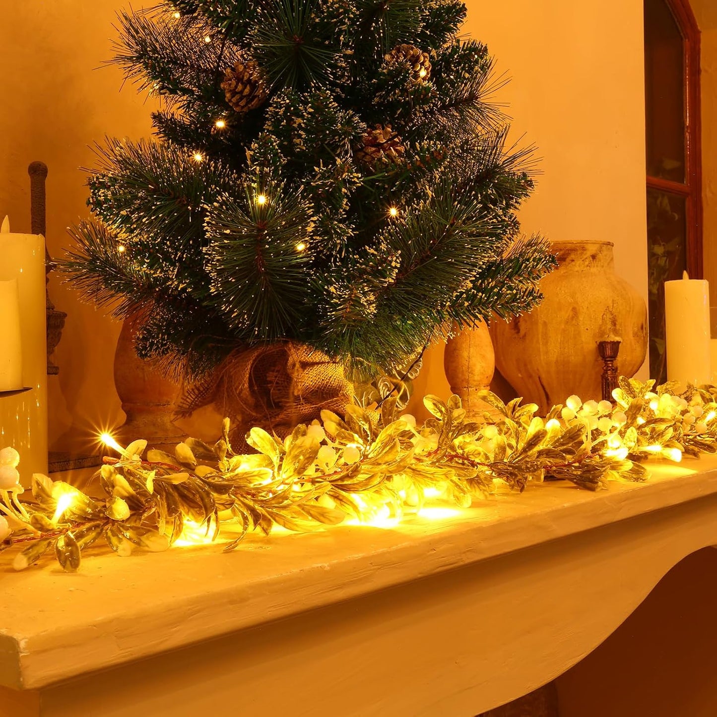 Joyhalo Christmas Garland with Lights Battery Operated - 5.9ft 20 LED White Berry Lighted Christmas Garland, Christmas Decorations Prelit Garland Indoor Outdoor Fireplace Stairs Railing Mantle Decor