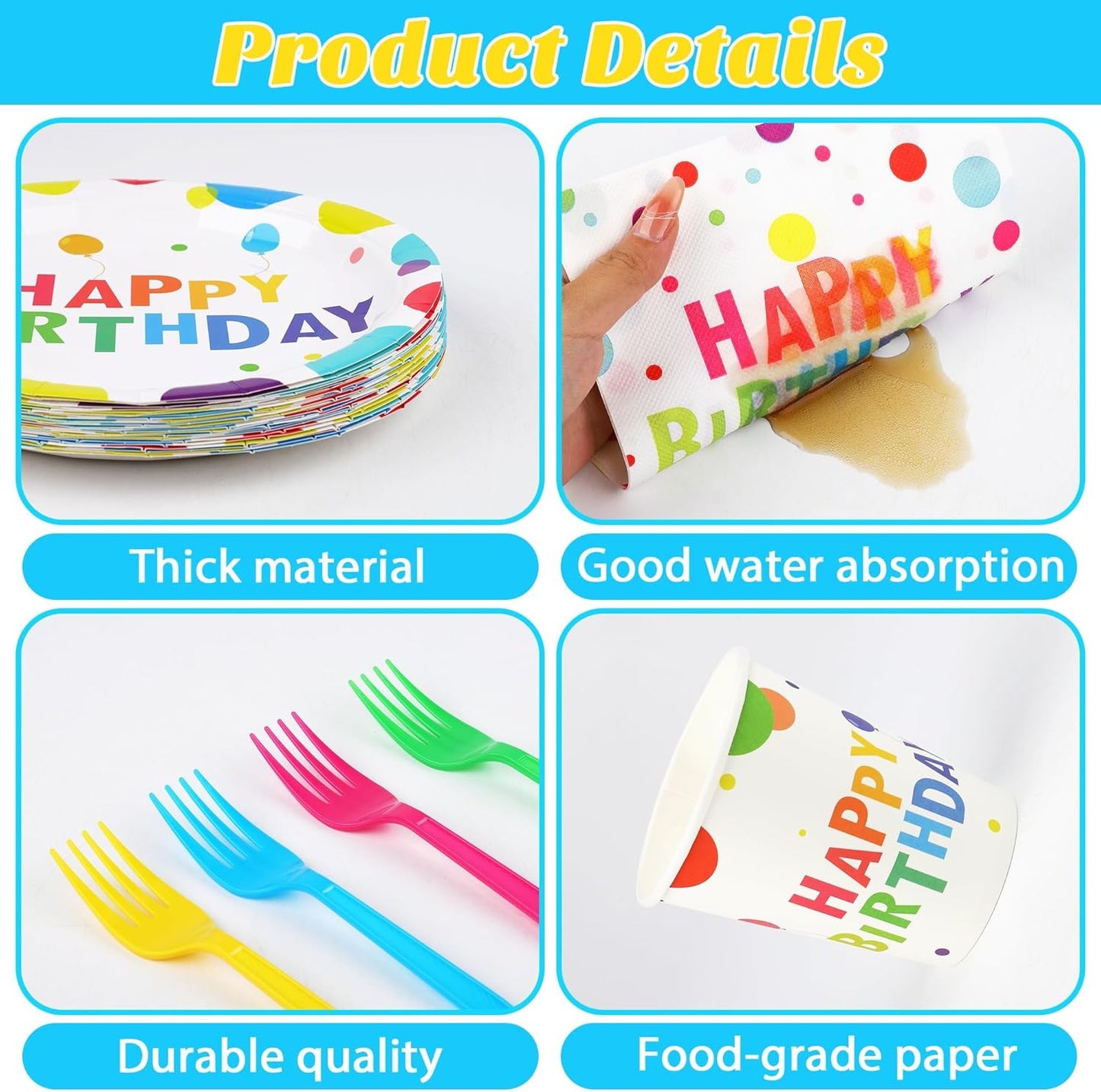 144 Pieces Happy Birthday Print Party Decorations Including Disposable Plates Napkins Cups Forks Tableware Sets Serves 24 for Birthday Party Supplies