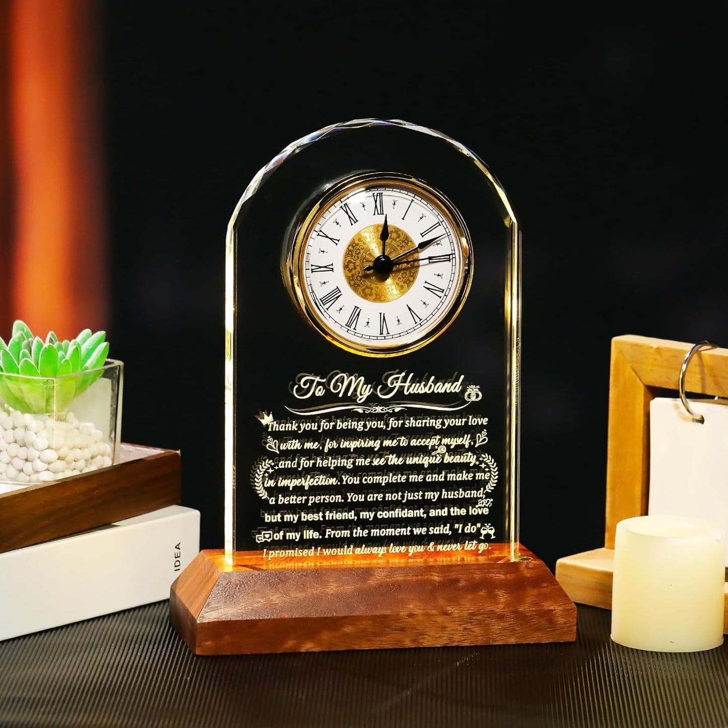 Glass Clock Gifts for Husband from Wife with Wooden Light Base, Personalized Gift for Husband Who Has Everything on Birthday Anniversary, Presents for Him on Christmas Home Desk Clock
