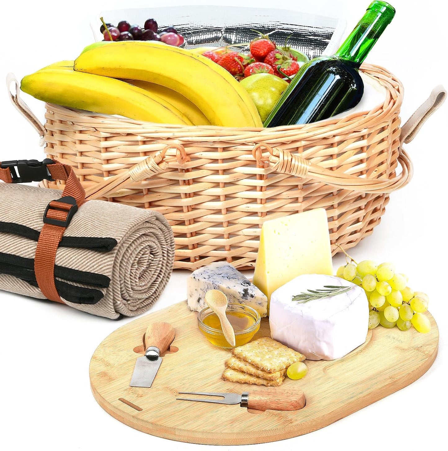 Hap Tim Dual Wicker Picnic Basket Set with Blanket for 2 - Unique Gifts Ideas for Couple, Engagement, Wedding, Bridal Shower, Family, Christmas - White Elephant Gifts for Adults(Y2408A-2)