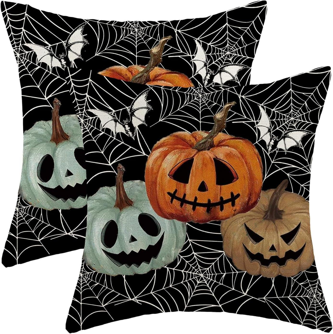 Halloween Decor Pillow Covers 18x18 Set of 2 Spider Web Orange Pumpkin Bat Black Decorative Throw Pillow Covers Outdoor Decoration Autumn Pumpkin Pillowcase Farmhouse Cushion Case for Home Sofa