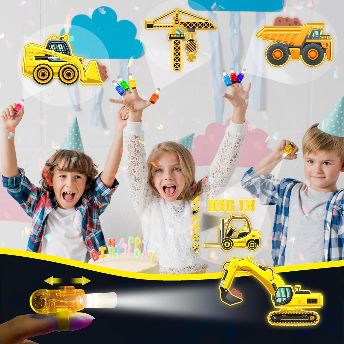 24PCS Construction Party Favors-LED Finger Lights:Glow-in-the-Dark Light-Up Toys Bulk for Kids Boys Girls,Construction themed Party Decorations Supplies, Party Goodie Bags, Classroom Prizes, Fun Gifts
