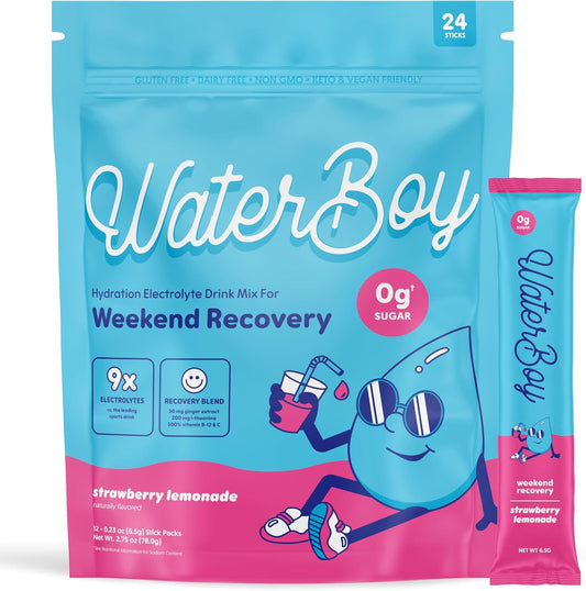 Waterboy Weekend Recovery | 3,200mg Electrolyte Powder Packets | Ginger + L-Theanine + Vitamins | No Sugar, All Natural, Gluten Free | 24 Drink Stick Mixes (Strawberry Lemonade)