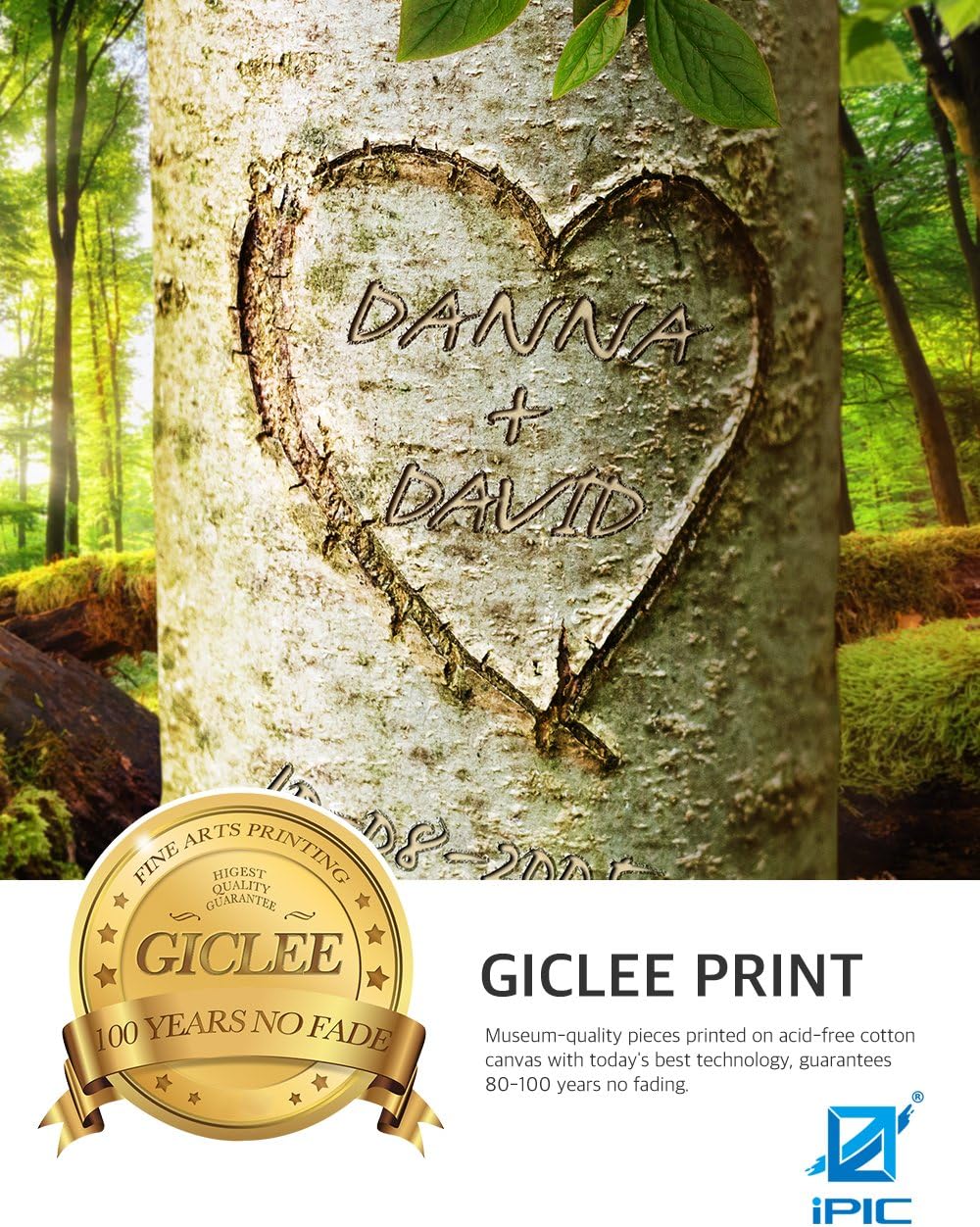 IPIC - Love Evergreen, Personalized Artwork with Names and Date on, Customized Gift for Anniversary,Wedding,Birthday and Holidays. Picture size: 30x20, Framed Size: 33x23