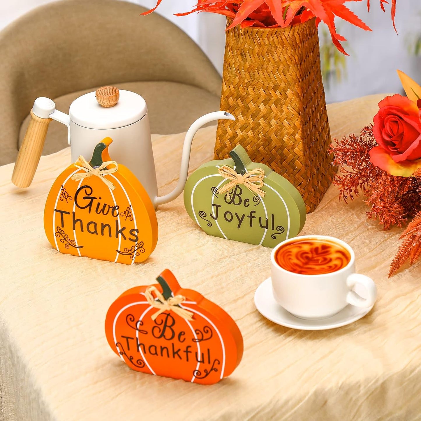 Gerrii 3 Pcs Fall Wooden Pumpkin Sign Fall Thankful Joyful Thanks Pumpkin Tiered Tray Decor Table Signs Harvest Thanksgiving Wood Block Sign for Home Party Halloween Decorations(Orange, Green, Yellow)