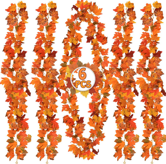 6PCS Fall Maple Leaves Garland, 5.9Ft Artificial Maple Leaf Autumn Garland Hanging Fall Vines Table Decorations Front Door Fall Decor Thanksgiving Fireplace Outdoor Home Indoor Decor (Brown+Orange)