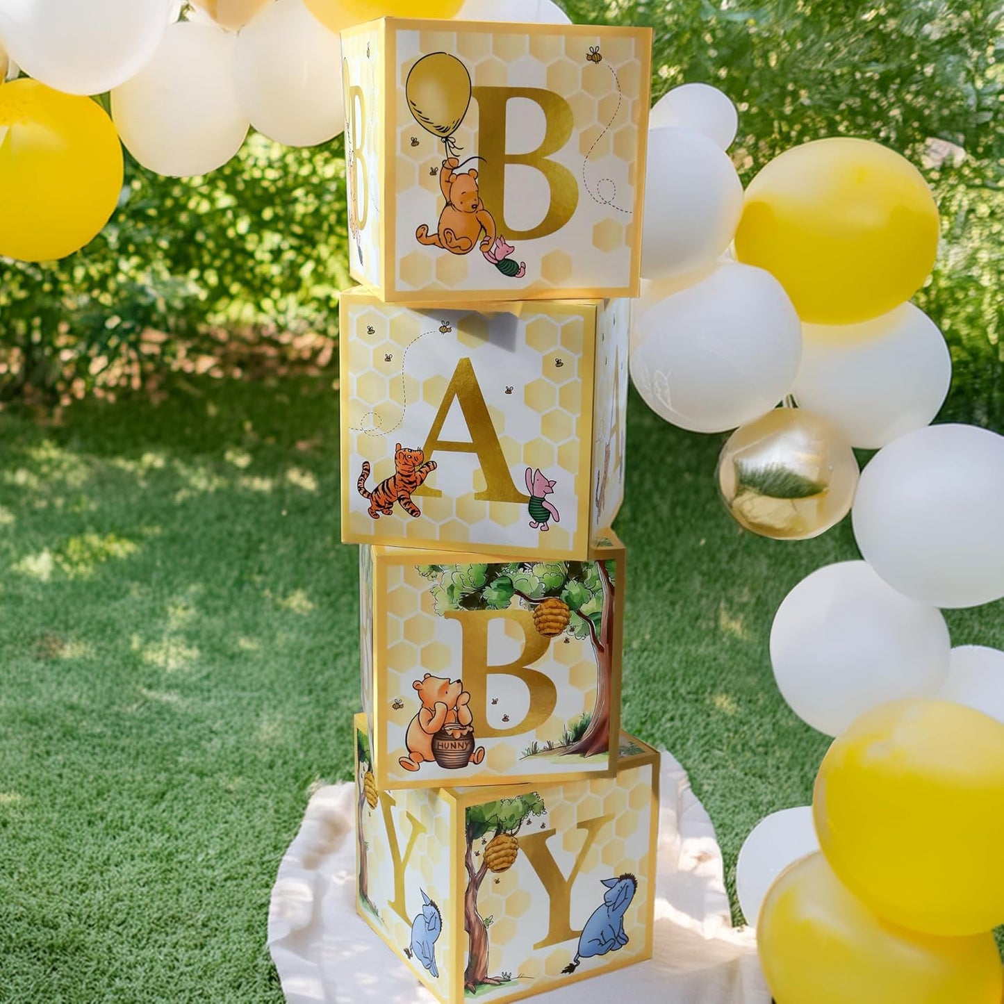 Kate Aspen A Little Honey Is On The Way Winnie Baby Boxes with Letters for Baby Shower, Classic Bear Gender Reveal Decorations, Table Centerpiece, Set of 4 Stackable Boxes