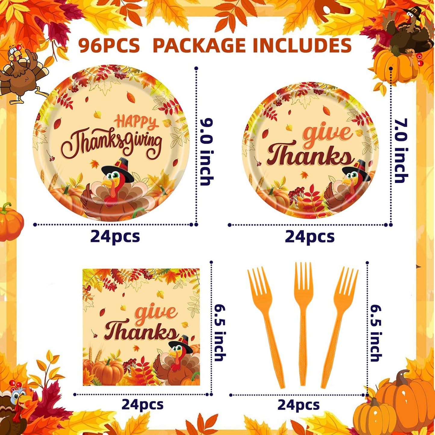 Fall Thanksgiving Party Supplies 96 Pcs Turkey Paper Plates, Napkins, Forks - Pumpkin Autumn Disposable Tableware Set for Harvest Party Decorations
