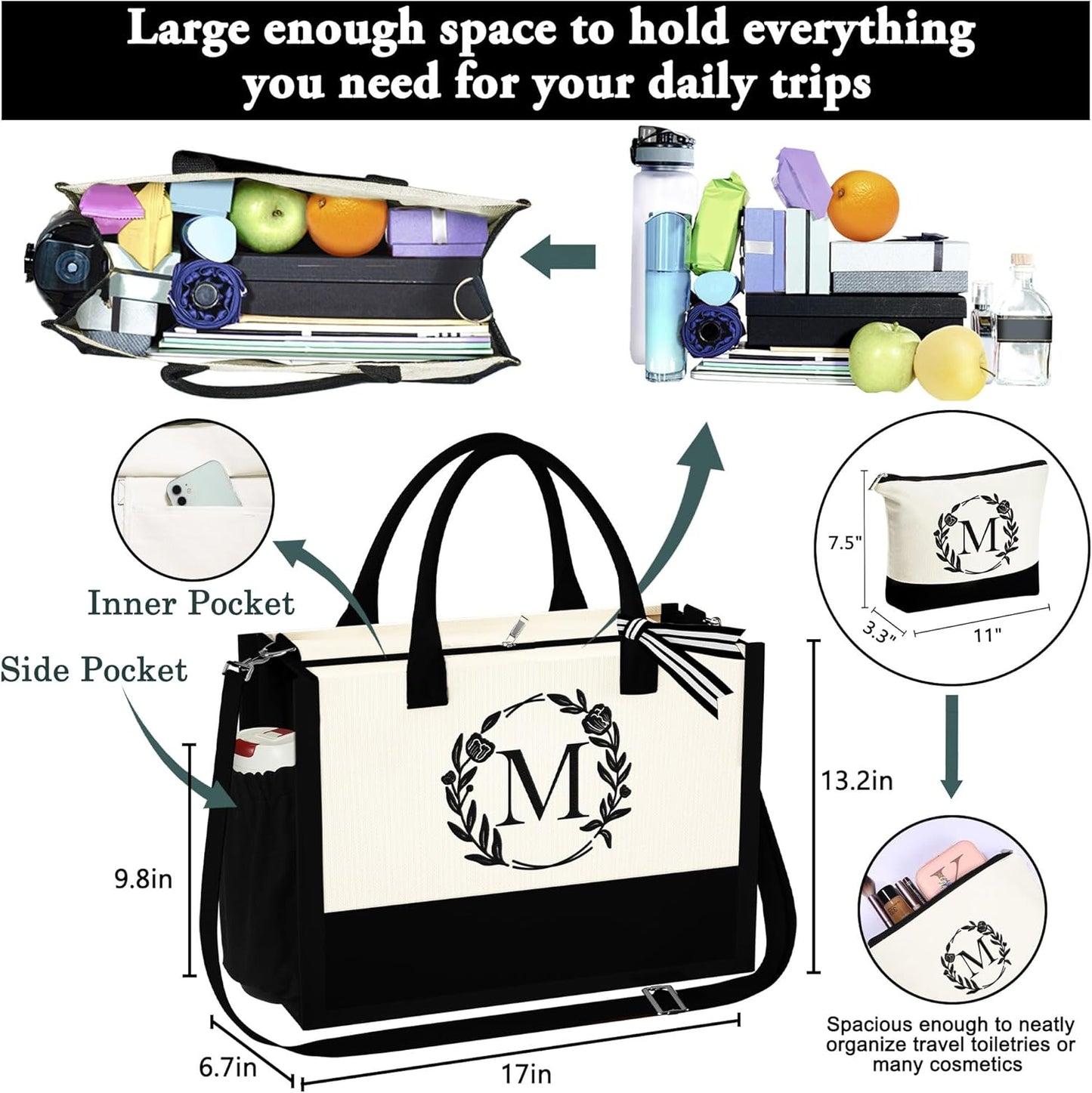 YOOLIFE Gifts for Women - Initial Canvas Tote Bag Makeup Bag, Personalized Gifts for Women Mom Wife Teacher Friend Birthday