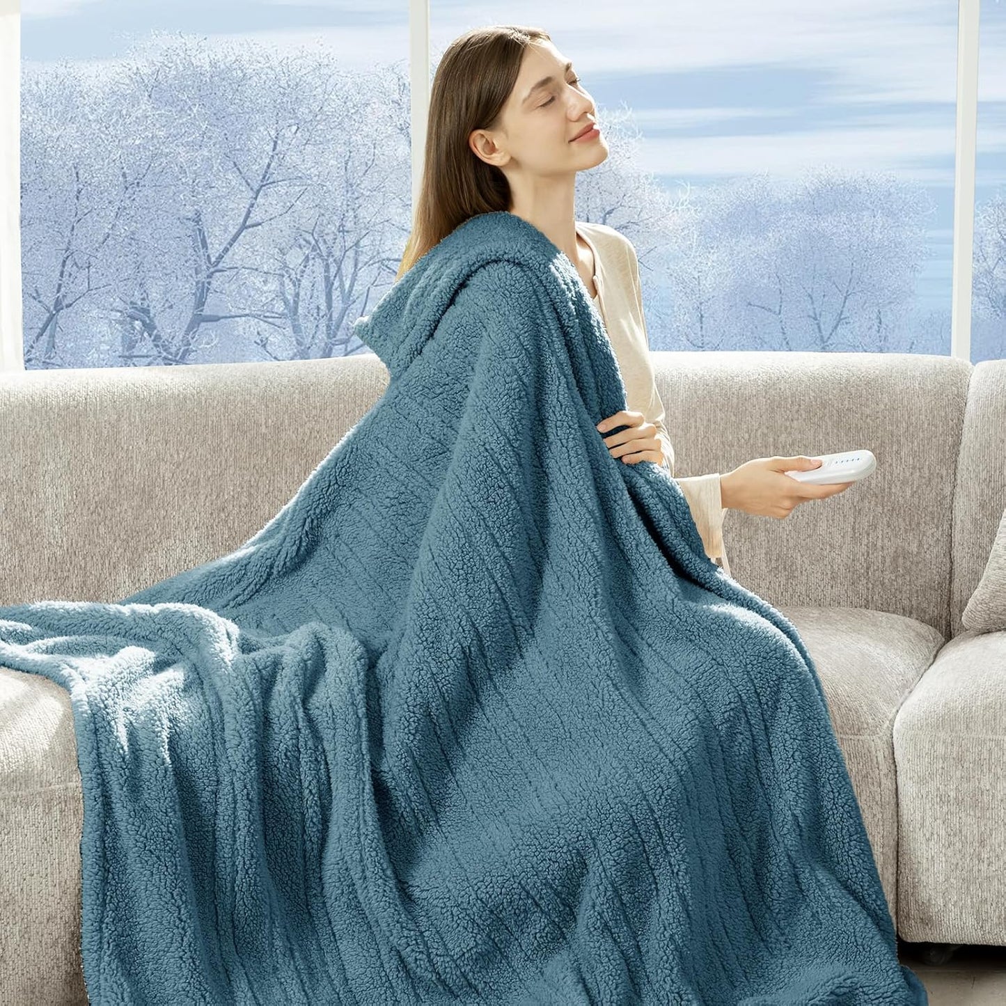 Heated Blanket Throw 50"X60" - Soft Double Sided Sherpa Electric Blanket Throw with 5 Heatings Levels & 4 hrs Auto Shut Off, Overheat Protection & ETL Certified for Women(Blue)