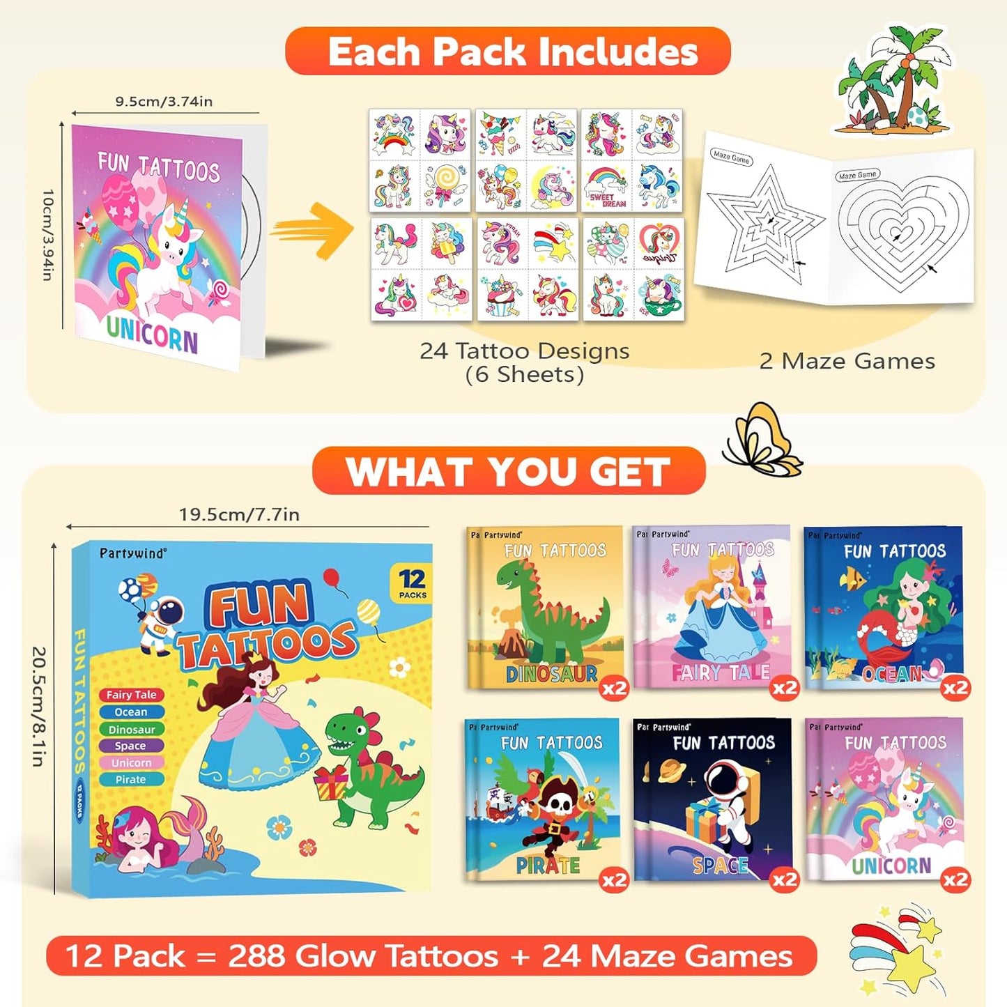 288 PCS Glow Temporary Tattoos for Kids, 12 Pack Party Favors with Luminous Tattoos & 24 Maze Games, Mixed Tattoo Styles for Boys and Girls, Kids Birthday Goodie Bag Stuffers