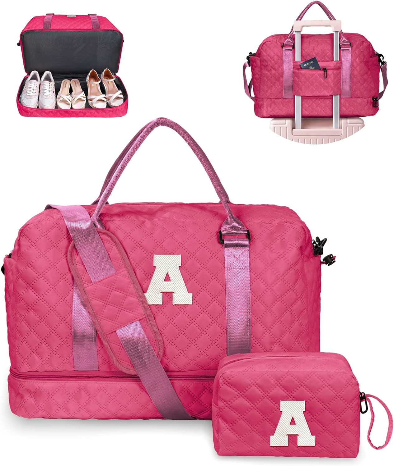 Women Gift, Teen Gifts for Girls-Initial Travel Bag with Shoe Compartment, Personalized Weekender Bag, Monogram Overnight Bag for Women, Letter Travel Bag with Makeup Bag (Letter A)