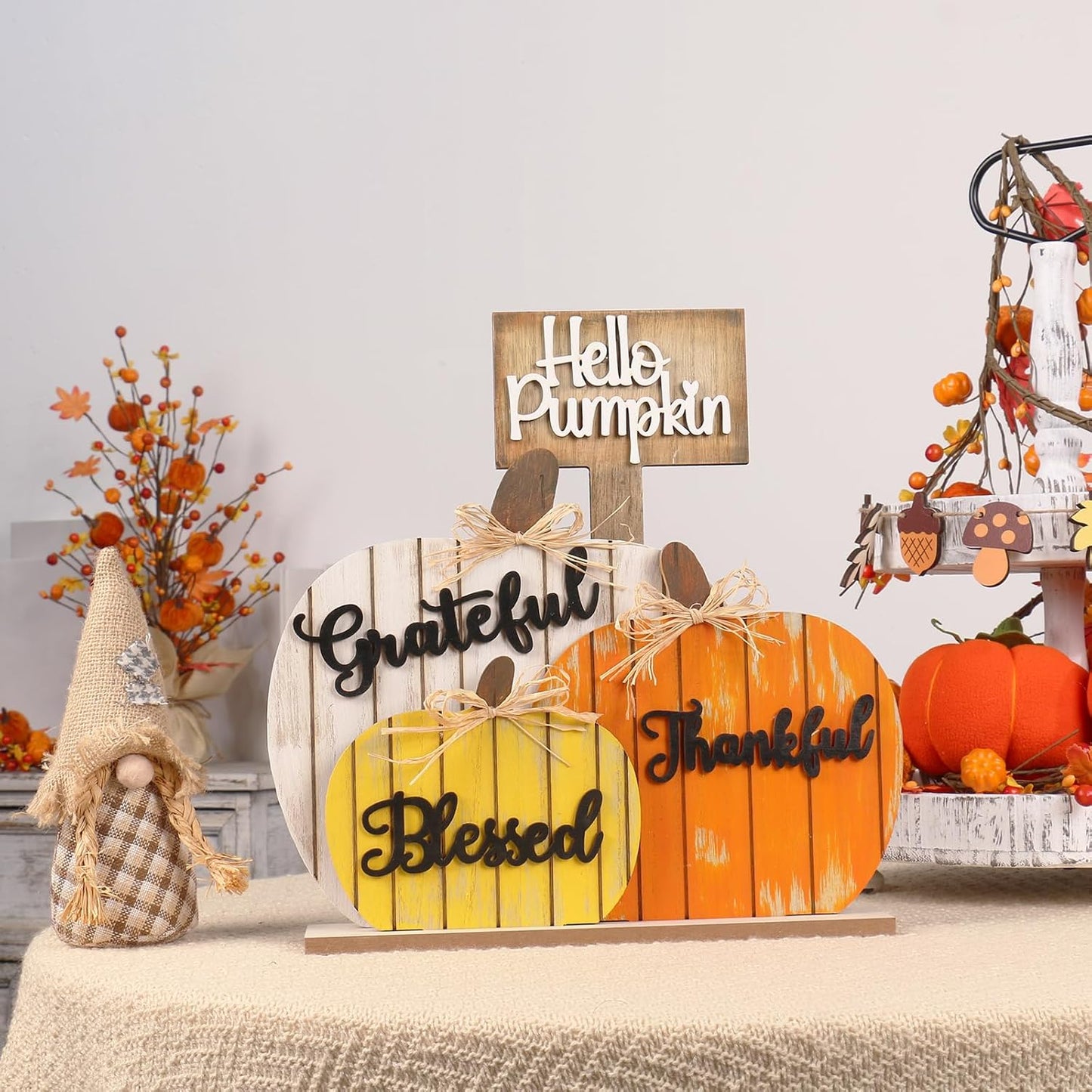 SY Super Bang Fall Decorations for Home, Rustic Wooden Blessed Grateful Thankful Hello Pumpkin Tabletop Sign Thanksgiving Decoration, for Autumn Harvest Farmhouse Party Decor.