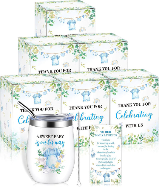 Hoolerry 6 Set Baby Shower Game Prizes for Guests Winners 12 oz Insulated Stainless Steel Tumbler Cup with Lids, Straws, Cleaning Brush, Cards & Boxes Return Gifts(Blue-green,Boy, Greenery)