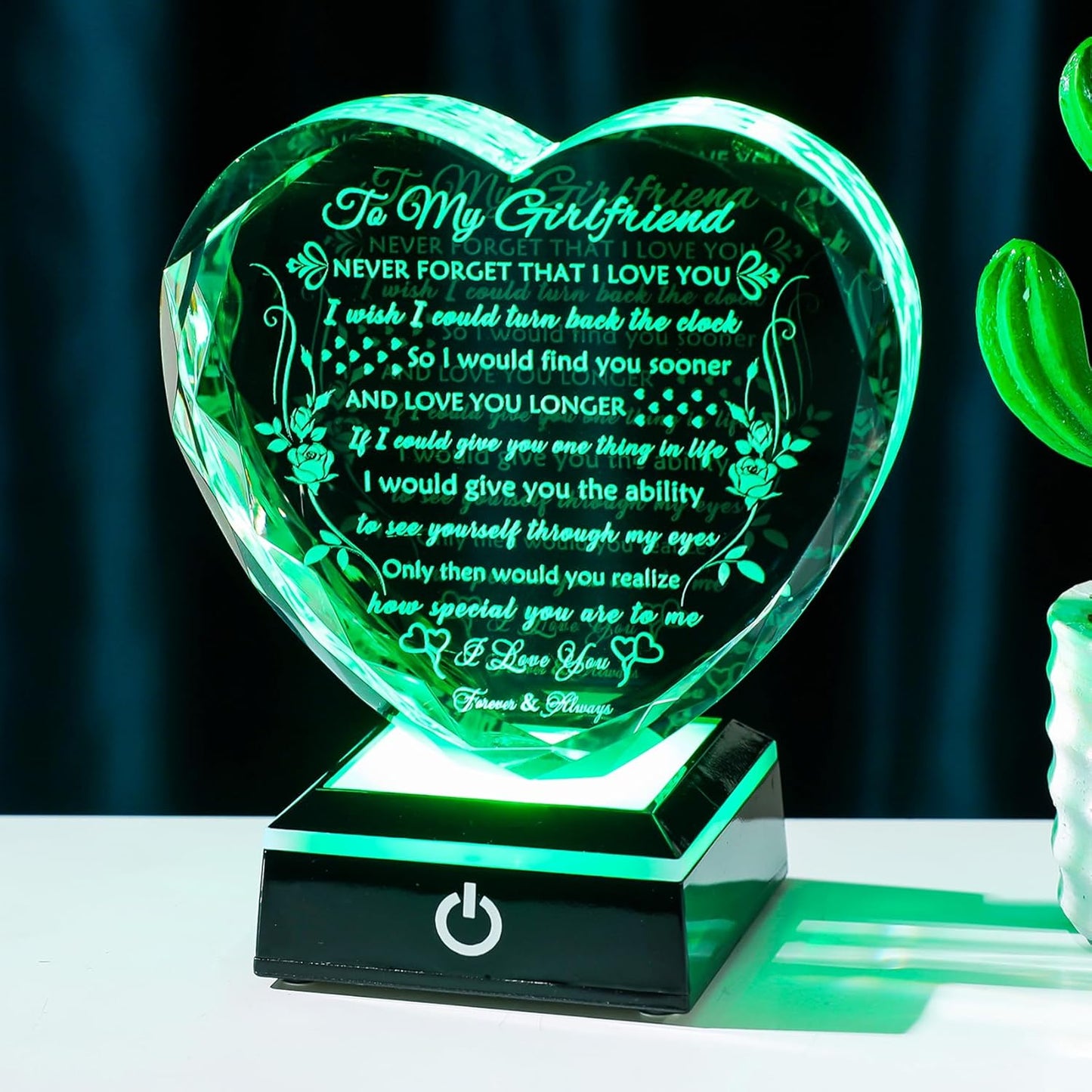YWHL Gifts for Girlfriend with Colorful LED Base, Anniversary Birthday Gifts for Girlfriend from Boyfriend, Romantic Crystal Heart Keepsake Present for Her on Valentine Christmas