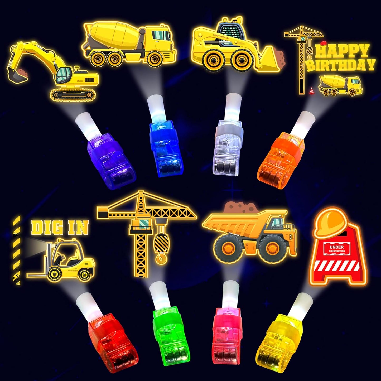 24PCS Construction Party Favors-LED Finger Lights:Glow-in-the-Dark Light-Up Toys Bulk for Kids Boys Girls,Construction themed Party Decorations Supplies, Party Goodie Bags, Classroom Prizes, Fun Gifts