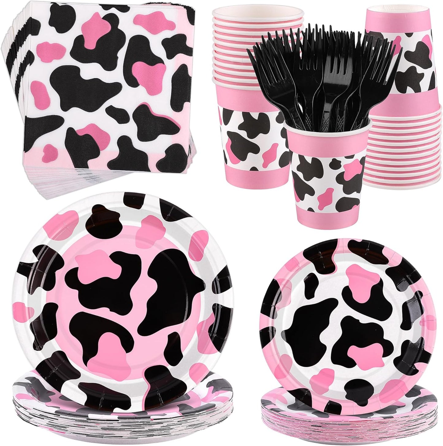 144 Pieces Pink Cow Print Party Tableware Sets Including Disposable Plates Napkins Cups Forks Serves 24 for Cow Theme Farm Animal Party Supplies