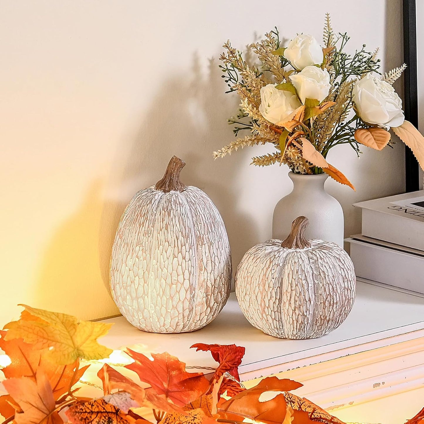 Artificial Pumpkin Decor, Brown and White Decorative Pumpkins, Thanksgiving Resin Pumpkins Figurine Set of 2, Carved Pumpkin Statues for Rustic Fall Tabletop Home Decor, Harvest, Wedding