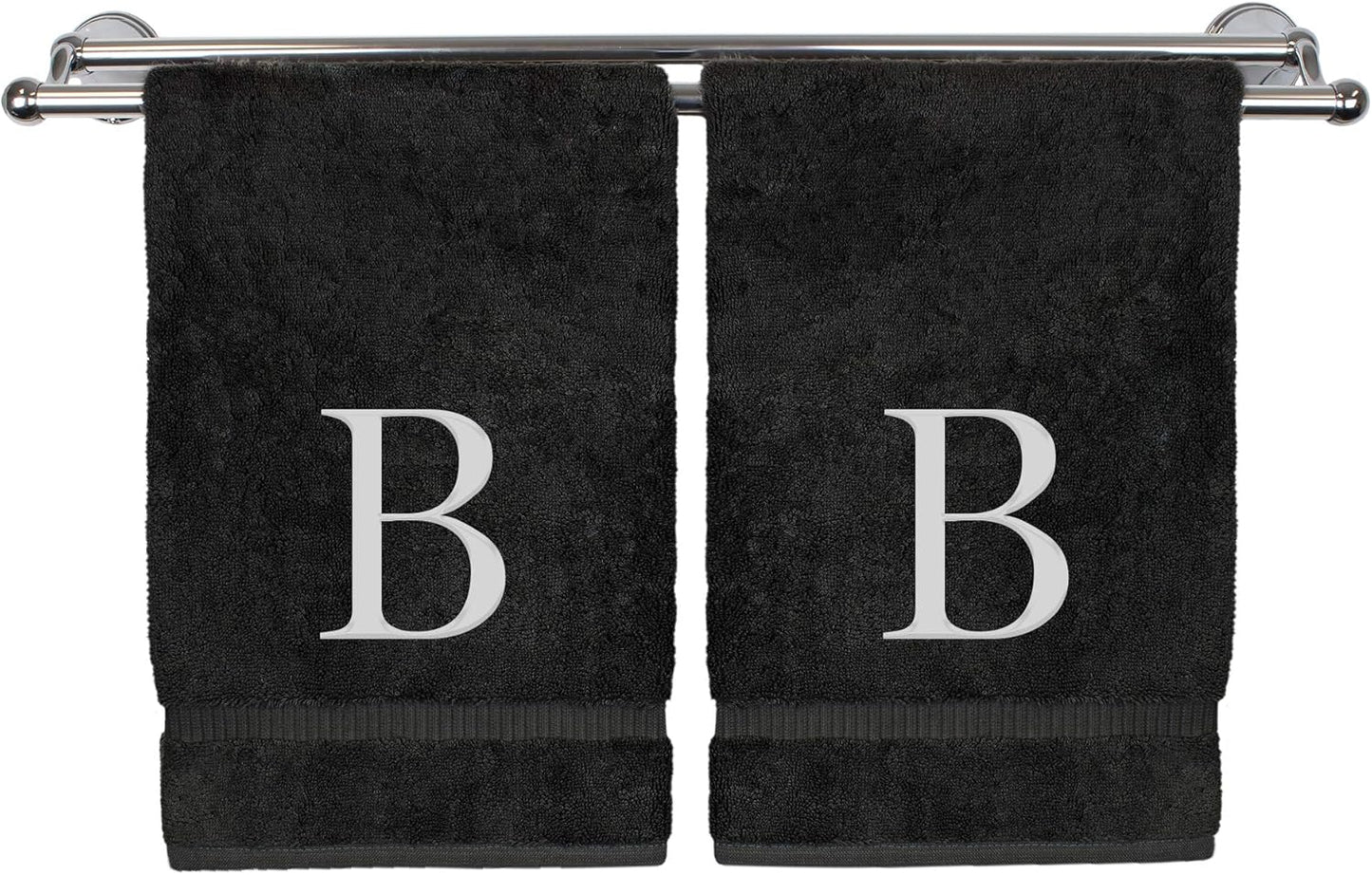 Monogrammed Hand Towel, Personalized Gift, Set of 2- White Block Letter Embroidered Towel - Extra Absorbent 100% Turkish Cotton - Soft Terry Finish - Initial B Black