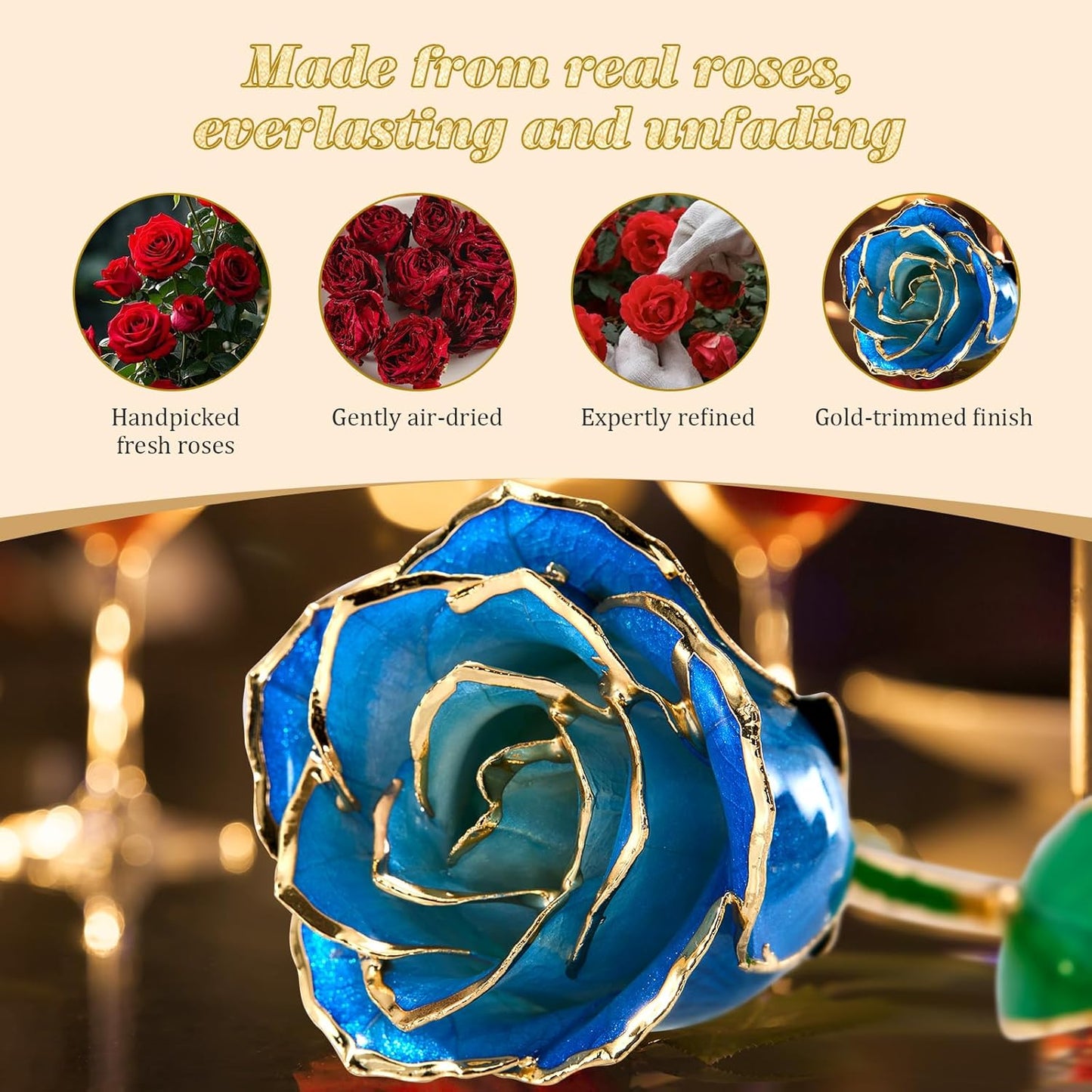 Mikasol Real 24K Gold Dipped Realistic Rose – Timeless Lifelike Bloom with Heart Puzzle Base – Romantic Gradient Blue Flower Gift for Her, Wife, Girlfriend, Mom – Birthday, Anniversary, Mother’s Day