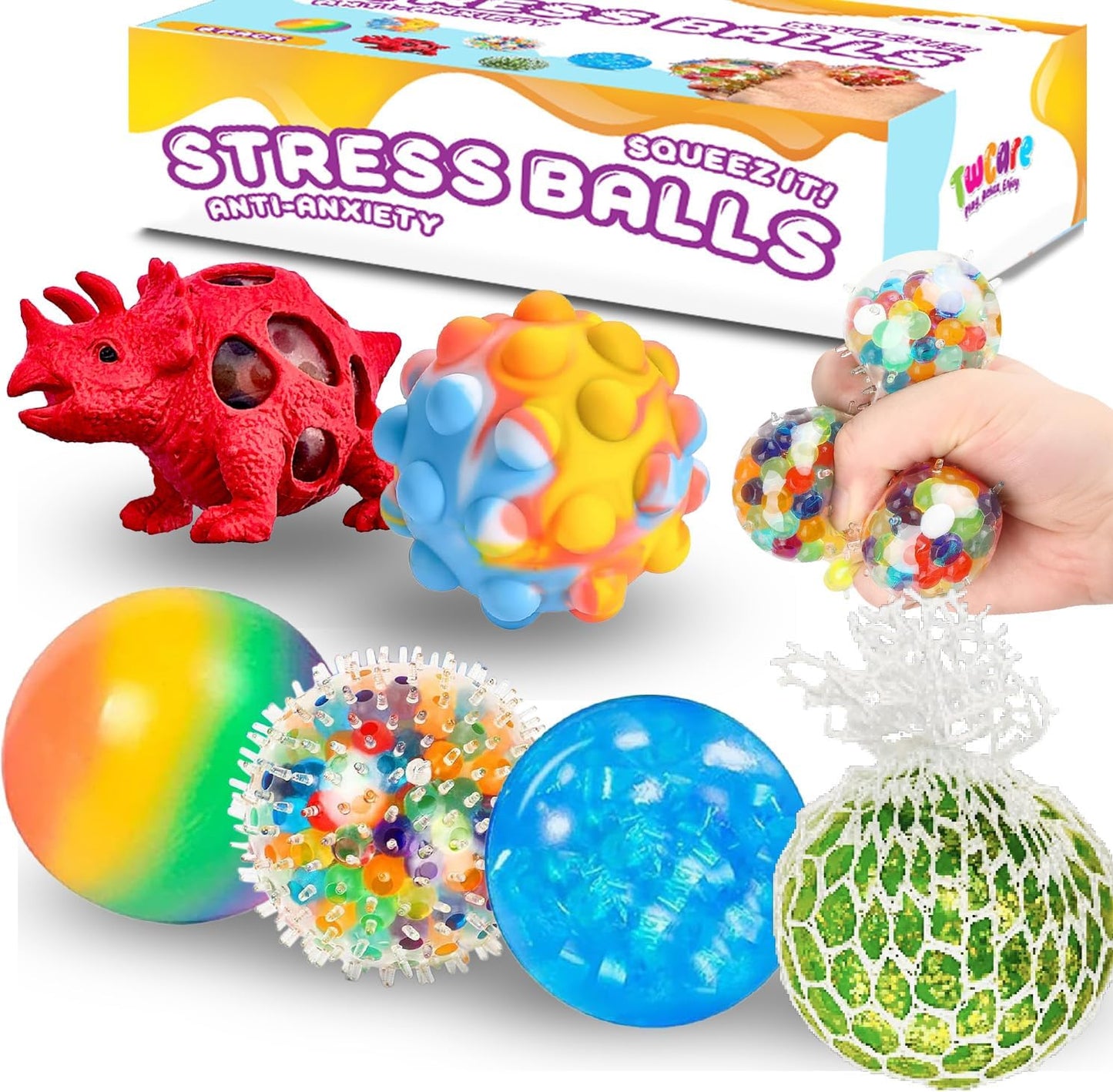 6 Pack Stress Balls, Vent Dinosaur Fidget Mesh Squishy Stress Relief Toys for Adults Anxiety Sensory Squeeze Pop Colorful Basket Stuffers Classroom Student Rewards Carnival Prizes Birthday Goody Bag