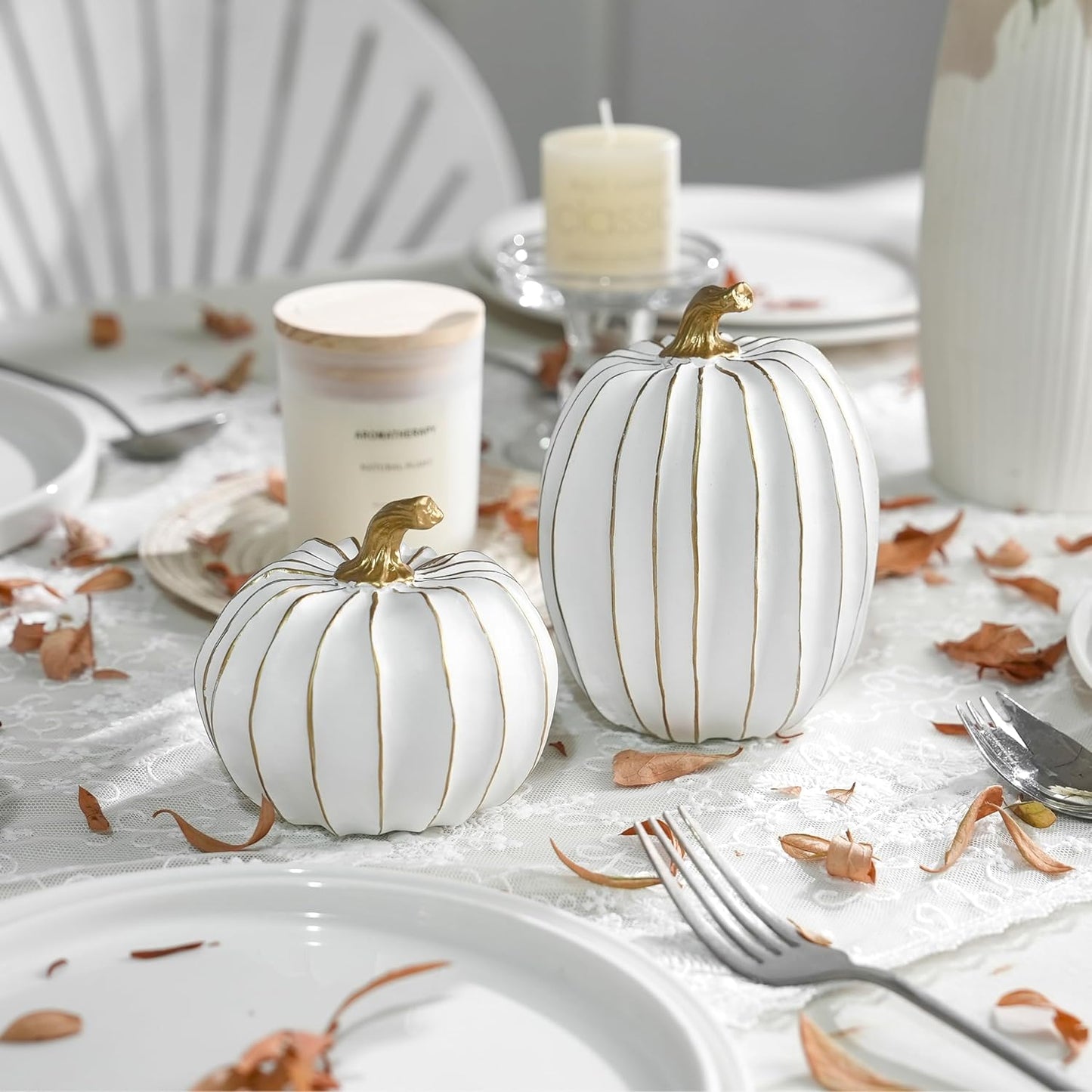 Fall Pumpkin Decor, White and Gold Decorative Pumpkins, Thanksgiving Resin Pumpkins Figurine Set of 2, Elegant Fake Pumpkin Statues for Fall Home Decor, Tabletop Centerpiece, Harvest, Wedding