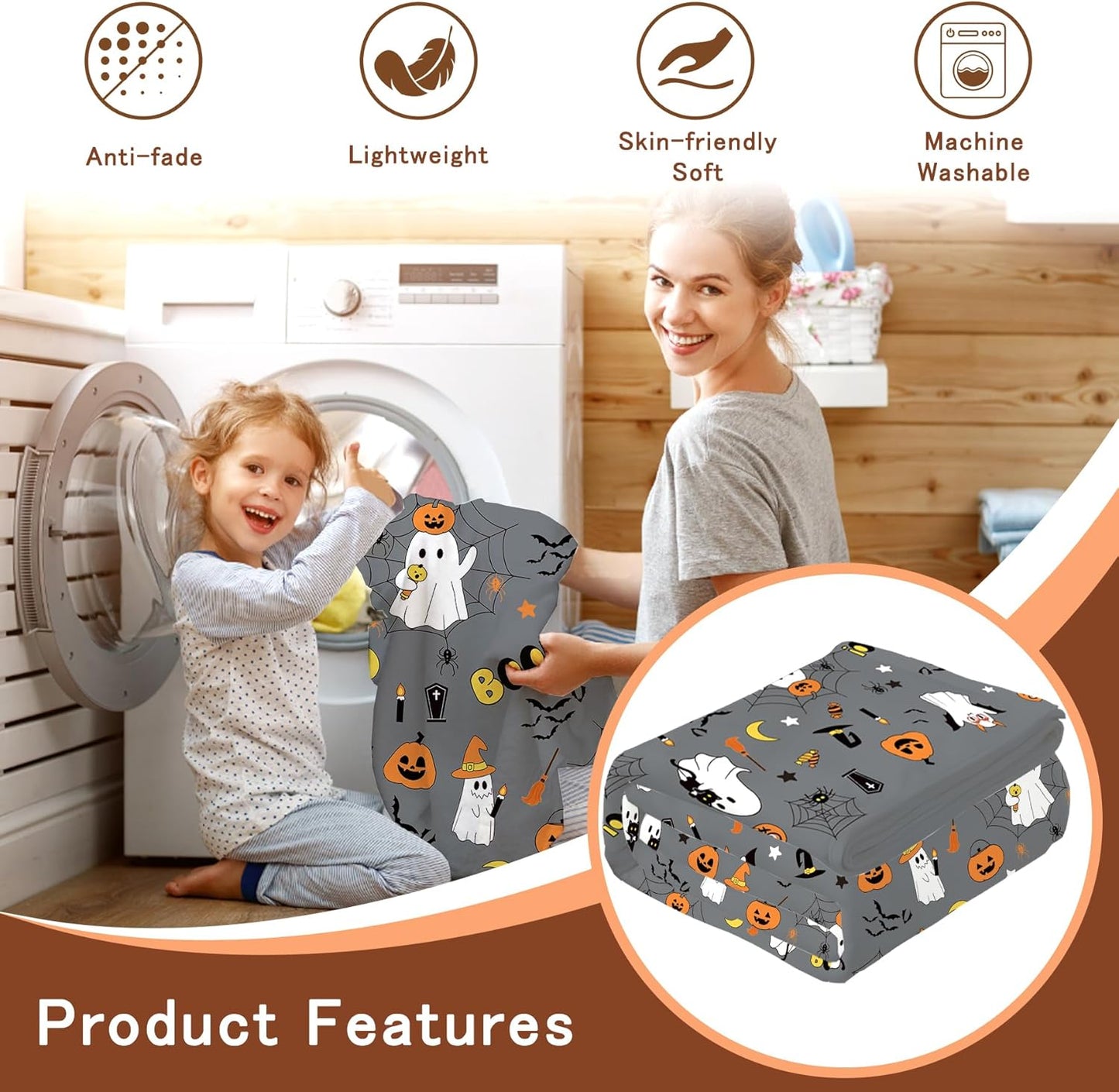 Halloween Throw Blanket 52”x 60” with Cute Ghost Pumpkin Spider Birthday Gifts for Kids,Grey Flannel Bat Blanket Soft Warm Cozy Throw for Daughter Son Harvest Gifts and Home Decor