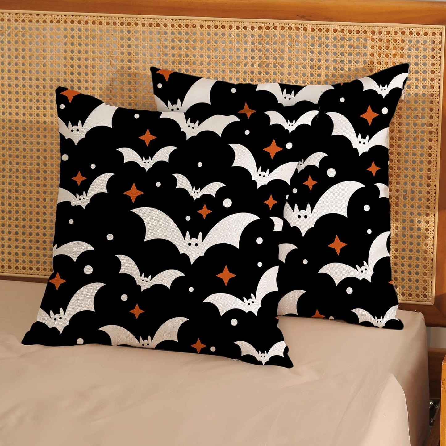 Halloween Pillow Covers 18x18 Pack of 2 Black Beige Bat Throw Pillow Covers Outdoor Decor,Autumn Halloween Decoration Black Pillowcase Farmhouse Linen Decorative Cushion Case for Sofa Couch
