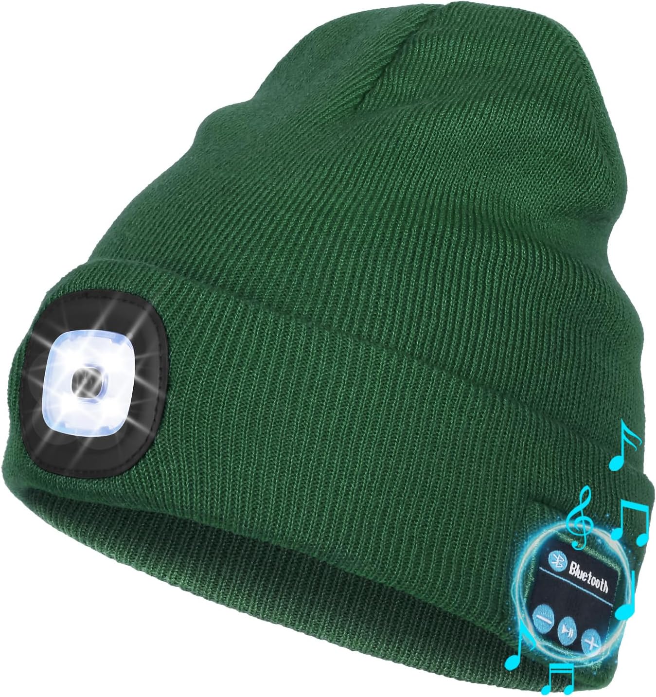Wmcaps Bluetooth Beanie with a Light, Unisex USB Rechargeable 4 LED Fashlight Hat with Cordless Headphones, Unique Christmas Birthday Gifts for Men Him Husband Teen Dark Green