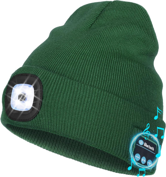 Wmcaps Bluetooth Beanie with a Light, Unisex USB Rechargeable 4 LED Fashlight Hat with Cordless Headphones, Unique Christmas Birthday Gifts for Men Him Husband Teen Dark Green
