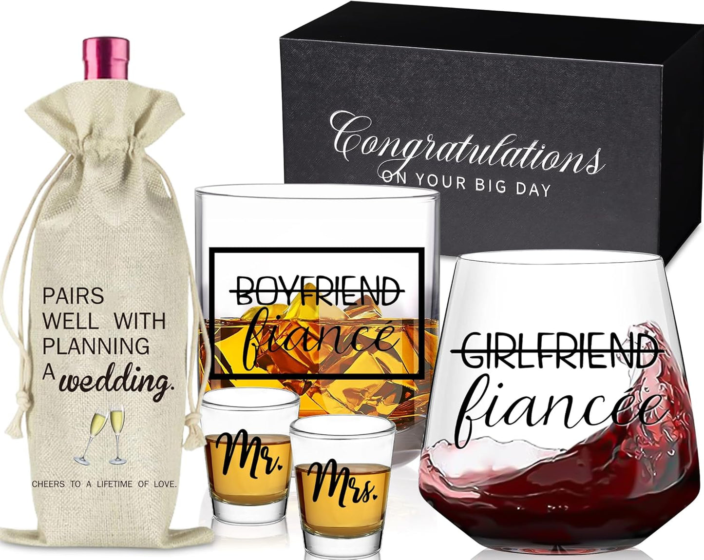 comfit Fiancé Engagement Gifts for Couples - Stemless Engagement Wine & Whiskey Glasses for Newly Engaged Couples, Mr and Mrs, Wedding Planning Wine Bag