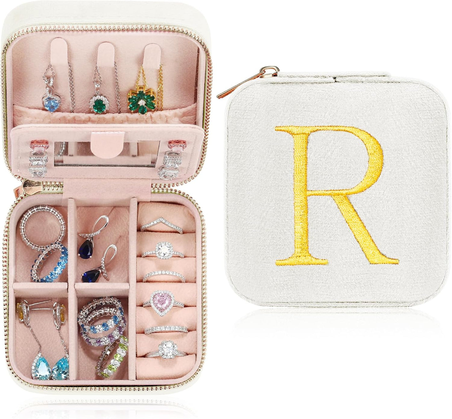 Parima Plush Velvet Travel Jewelry Case Jewelry Box - Personalized Portable Small White Jewelry Boxes Jewelry Organizer for Women Birthday Gifts for Women Jewelry Case Monogrammed - Letter R, White