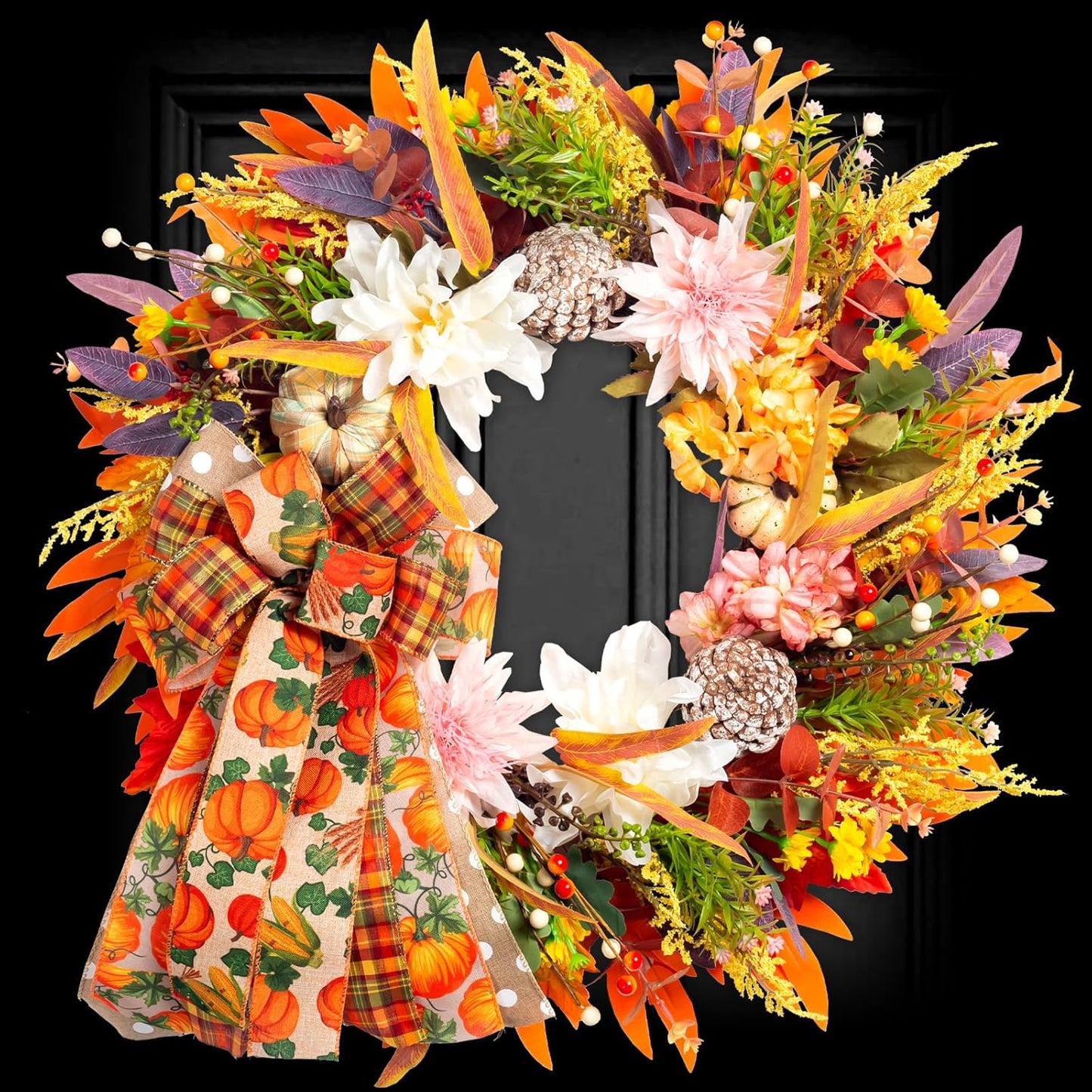 24" Fall Wreaths for Front Door Outside, Autumn Thanksgiving Harvest Wreath with Pumpkins Dahlias Pinecones & Bow Farmhouse Decoration for Porch Wall Indoor