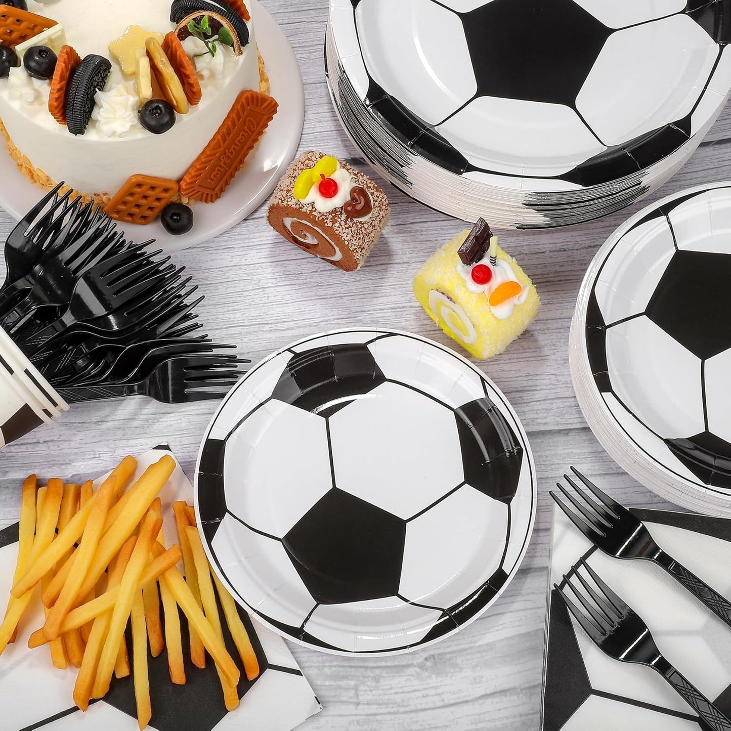 144 Pieces Soccer Party Tableware Sets Including Disposable Plates Napkins Cups Forks Serves 24 for Soccer Games Sports Birthday Party Supplies