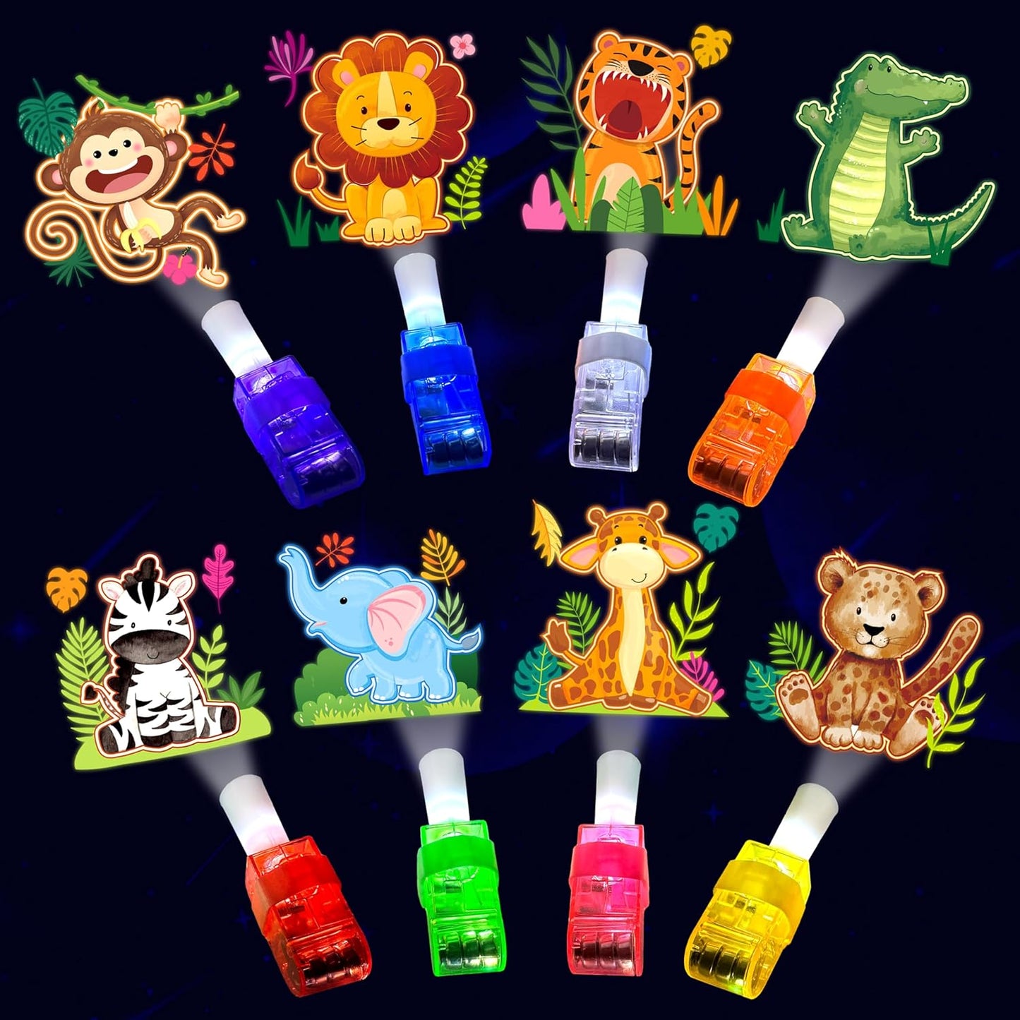 24PCS Jungle Safari Party Favors-LED Finger Lights:Glow-in-the-Dark Light-Up Toys Bulk for Kids,Animal Theme Birthday Party Decorations Supplies, Party Goodie Bags, Classroom Prizes, Fun Gifts