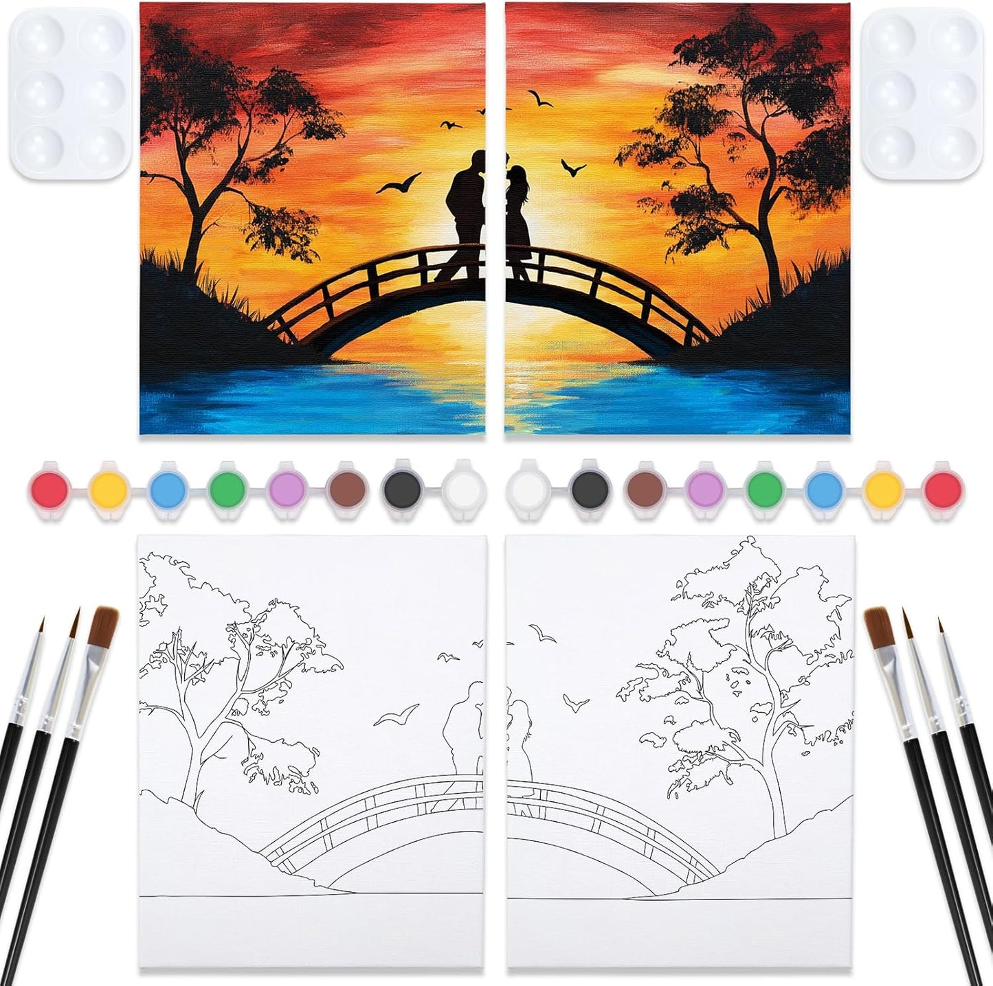 Nuberlic 2 Pack Couples Pre Drawn Canvas to Paint for Adults Couples on Sunset Bridge Predrawn Stretched Canvas Kit Art Set Birthday Valentine's Day 8"x10"