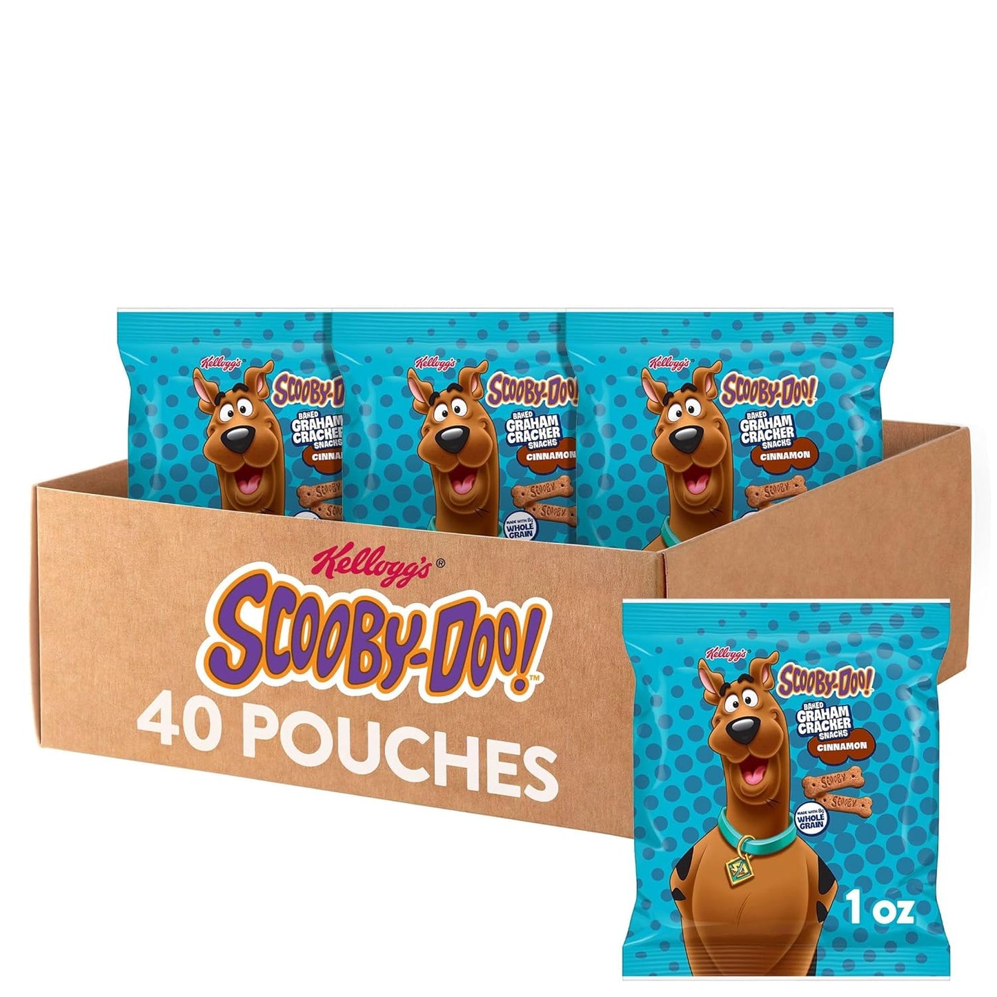 Kellogg's Scooby-Doo! Graham Cracker Snacks, Cinnamon, Made with Whole Grain, (1 Oz Bag), 40 Bags