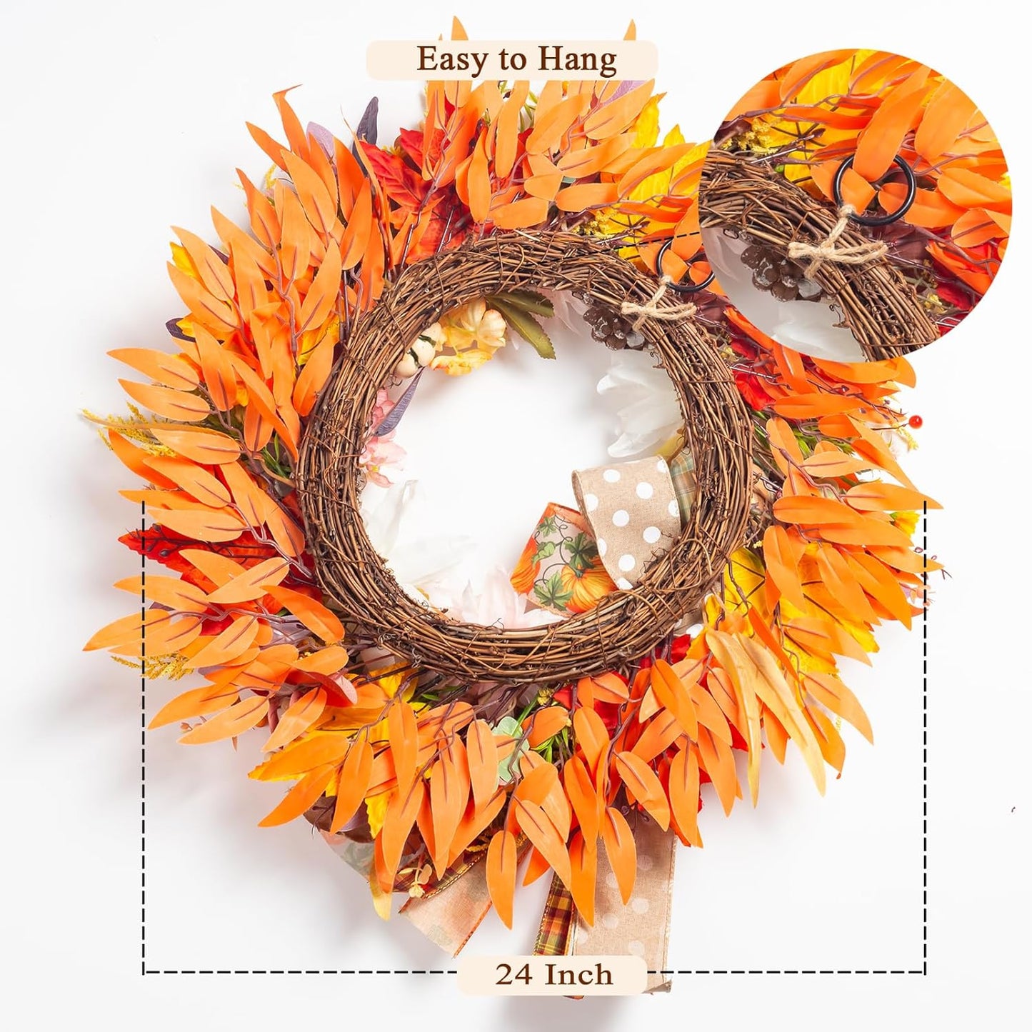 24" Fall Wreaths for Front Door Outside, Autumn Thanksgiving Harvest Wreath with Pumpkins Dahlias Pinecones & Bow Farmhouse Decoration for Porch Wall Indoor