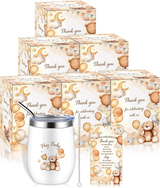 Hoolerry 6 Set Baby Shower Game Prizes for Guests Winners 12 oz Insulated Stainless Steel Tumbler Cup with Lids, Straws, Cleaning Brush, Cards & Boxes Return Gifts(Brown,Brown Bear)