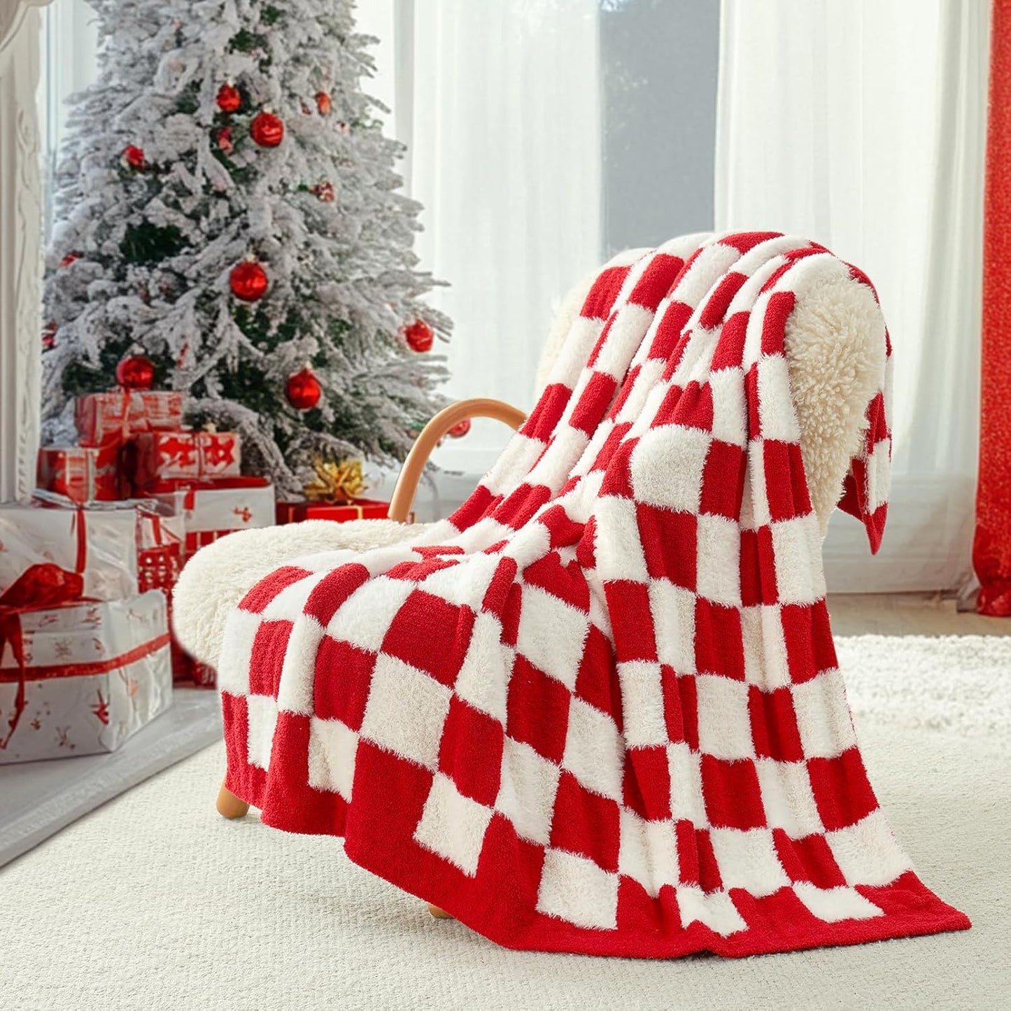 Snuggle Sac Red Checkered Christmas Blanket, Fluffy Faux Fur Ultra Soft Warm Microfiber Throw Blankets for Couch, Sofa, Chair, Bed, Red Checker, 50x60 inches
