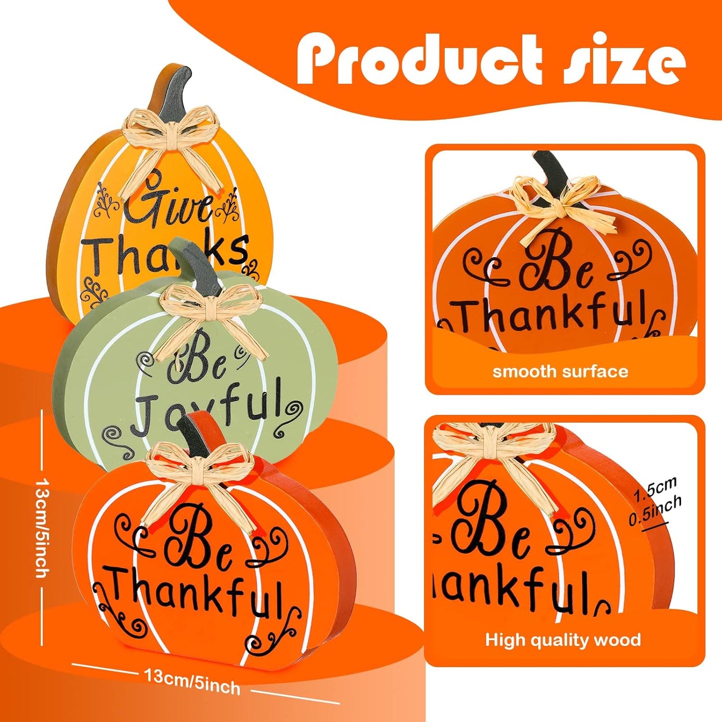 Gerrii 3 Pcs Fall Wooden Pumpkin Sign Fall Thankful Joyful Thanks Pumpkin Tiered Tray Decor Table Signs Harvest Thanksgiving Wood Block Sign for Home Party Halloween Decorations(Orange, Green, Yellow)