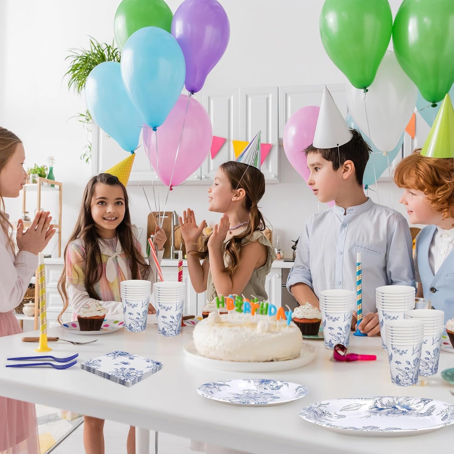 144 Pieces Blue and White Flower Print Party Tableware Sets Including Disposable Plates Napkins Cups Forks Serves 24 for Wedding Birthday Baby Shower Party Supplies