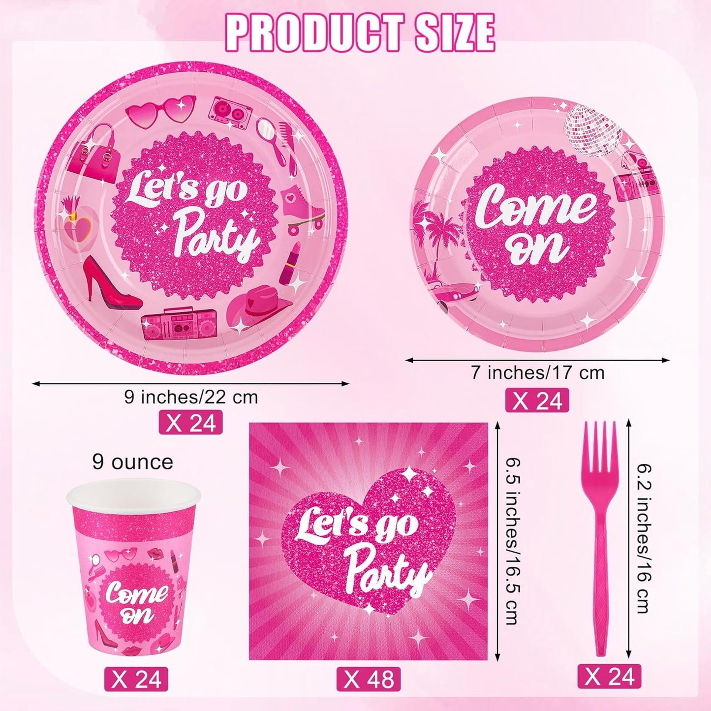 144 Pieces Let's Go Party Tableware Sets Including Disposable Plates Napkins Cups Forks Serves 24 for Birthday Disco Pink Girl Party Supplies