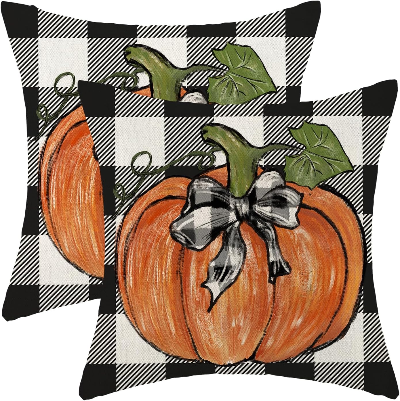 Fall Pillow Covers 18x18 Set of 2 Autumn Black Buffalo Plaid Orange Pumpkin Throw Pillow Covers Outdoor Decor Thanksgiving Decorations Farmhouse Decorative Cushion Covers for Home Sofa