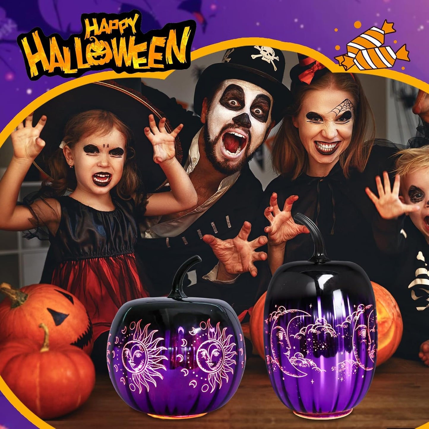 Bdor Halloween Purple Glass Pumpkin Lights Set of 2 – Witchy LED Lighted Pumpkins with Moon & Sun Designs – Spooky Fall Decor for Tabletop, Mantel, or Party Centerpiece