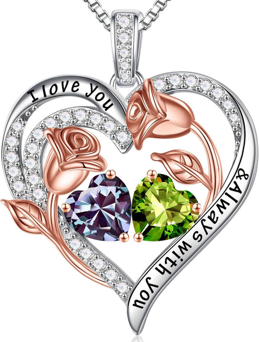 Iefil Birthstone Necklace for Women - 925 Sterling Silver Rose Heart Birthstone Necklace Birthday Anniversary Jewelry Gifts for Her Wife Mom Daughter