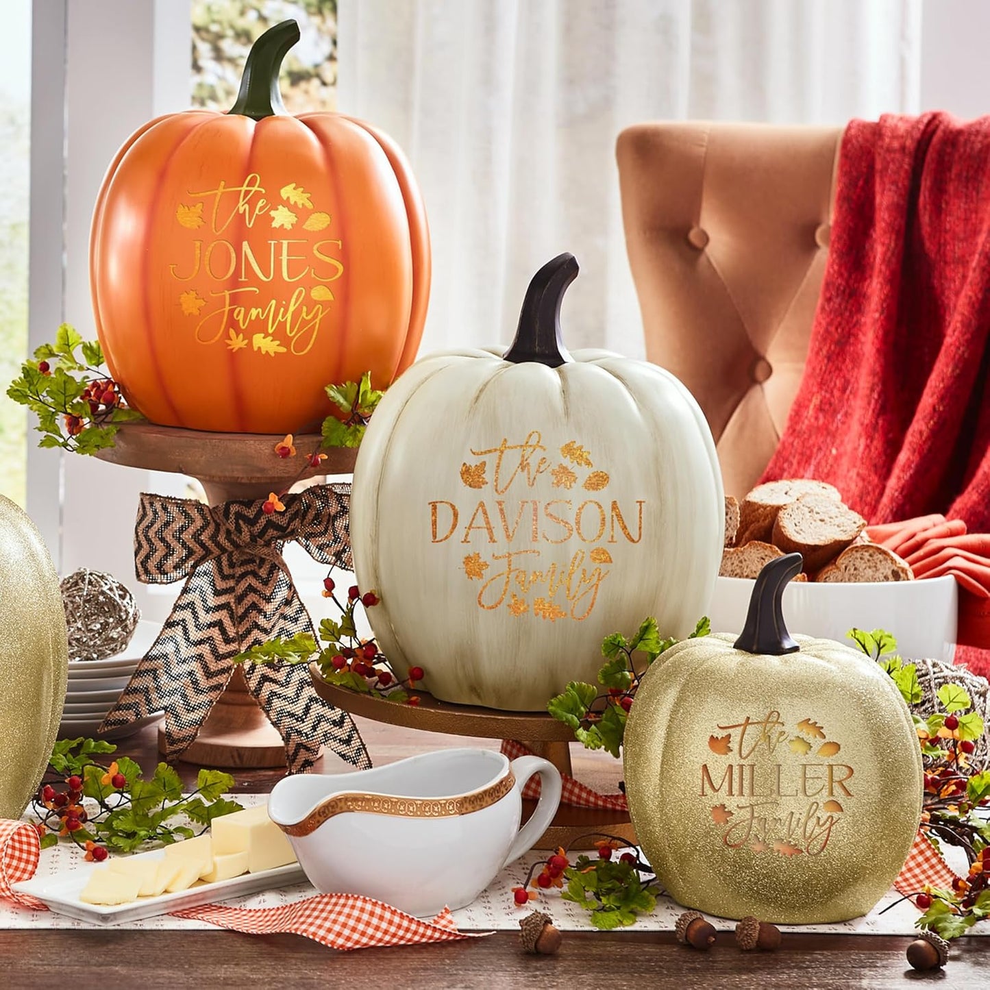 Let's Make Memories Personalized Light Up Pumpkin - Jack-o-Lantern Halloween Décor - Your Family Name on a Custom Pumpkin - Fall Decor - Light Up Indoors/Outdoors - Leaves Pattern - Gold Glitter - L