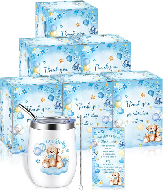 Hoolerry 6 Set Baby Shower Game Prizes for Guests Winners 12 oz Insulated Stainless Steel Tumbler Cup with Lids, Straws, Cleaning Brush, Cards & Boxes Return Gifts(Blue,Blue Bear)