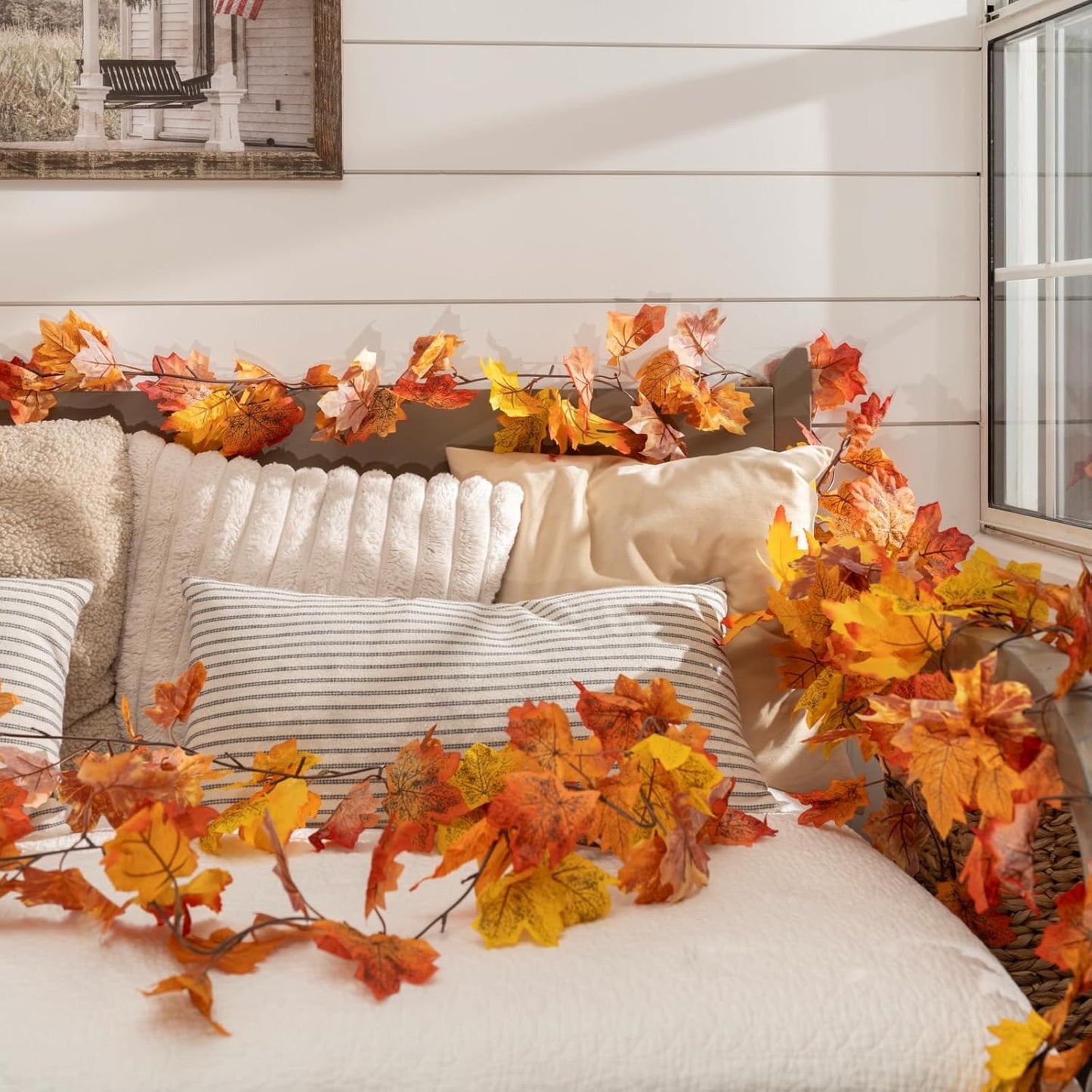 CQURE 6 Pack Fall Leaf Garland, Total 35Ft Artificial Maple Leaf Autumn Garland Fall Leaves Hanging Vines Fall Maple Leaves Thanksgiving Decor for Home Wedding Fireplace Party